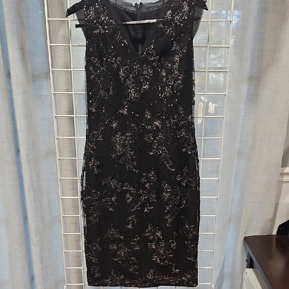 Carmen Marc Valvo Black Metallic-Embellished V-Neck Midi Dress